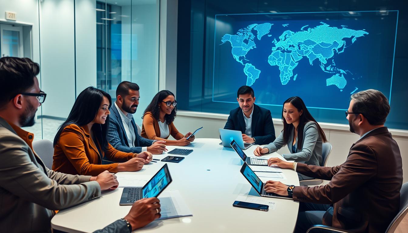 A group of professionals from various cultures sitting around a sleek modern table