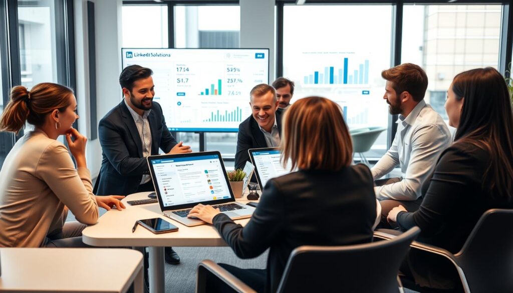 Technology professionals cooperating in a contemporary workspace.