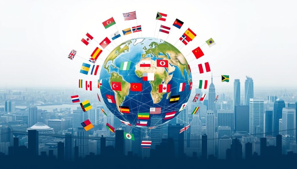 globe surrounded by flags, interconnecting lines symbolizing global connectivity, a network of professional icons representing diverse workers