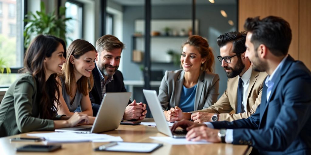 IT staff working in unison in a modern workplace.