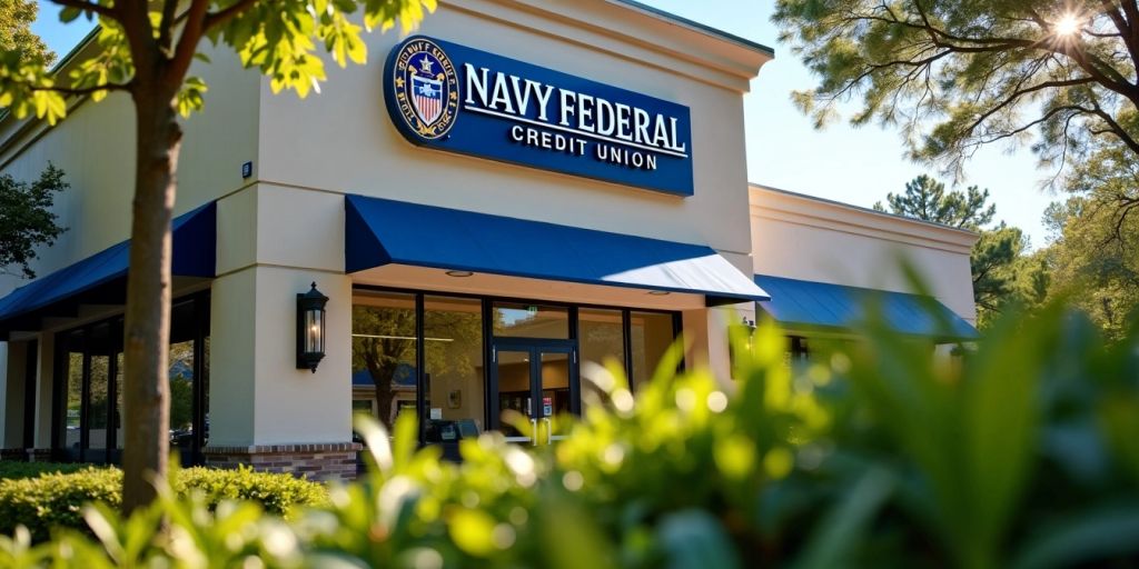 Navy Federal Credit Union branch with logo and greenery.