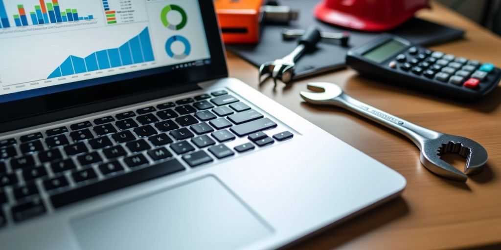 Laptop with HVAC software and tools on a desk.