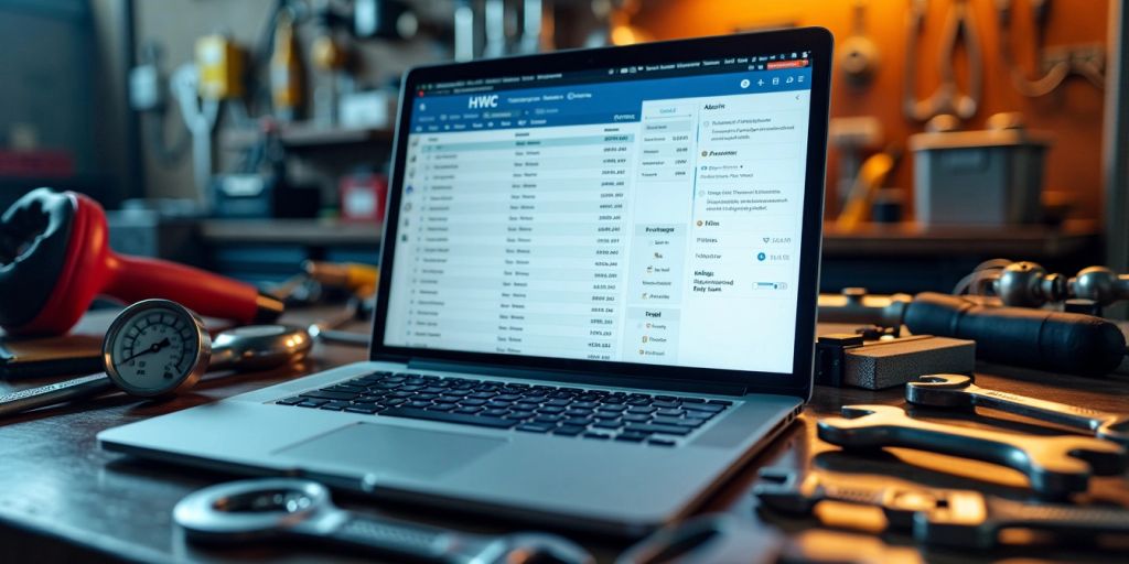 Laptop with accounting software and HVAC tools in workshop.