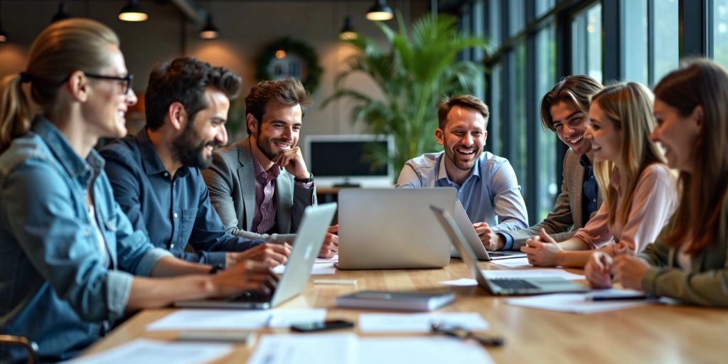 Professionals collaborating in a modern office