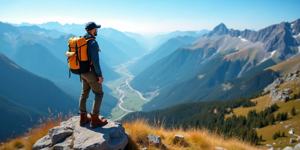 Traveler on mountain peak with backpack and scenic view.