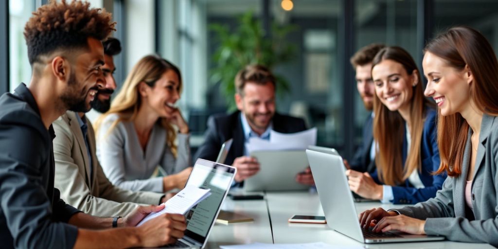 Professionals collaborating in a modern office.