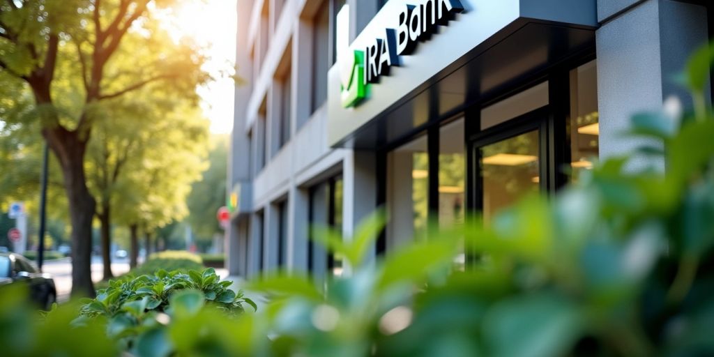 Modern bank building with greenery and natural lighting.