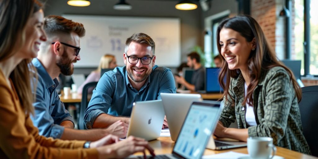 Tech professionals collaborating in a dynamic office space.