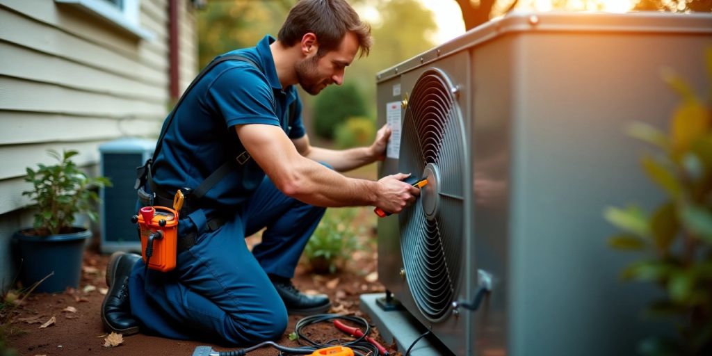 HVAC technician working on a unit in a home.