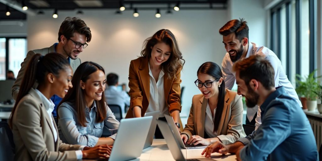 Diverse professionals collaborating in a modern office setting.