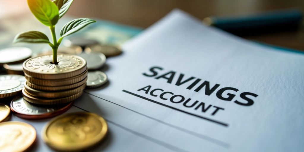 Savings account book with coins and a small plant.