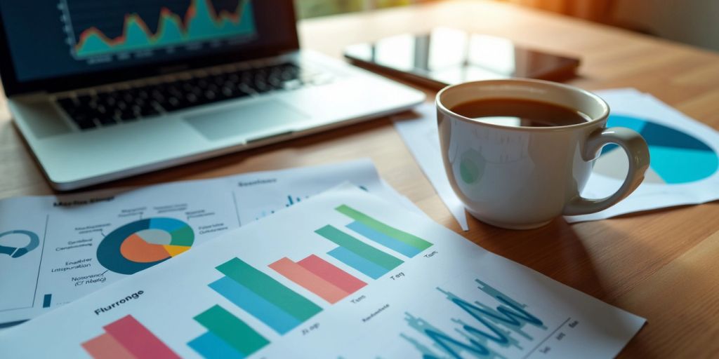 Laptop and colorful charts on a wooden desk