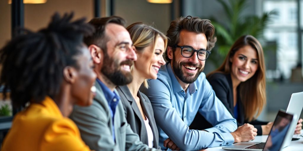 Happy employees collaborating in modern office