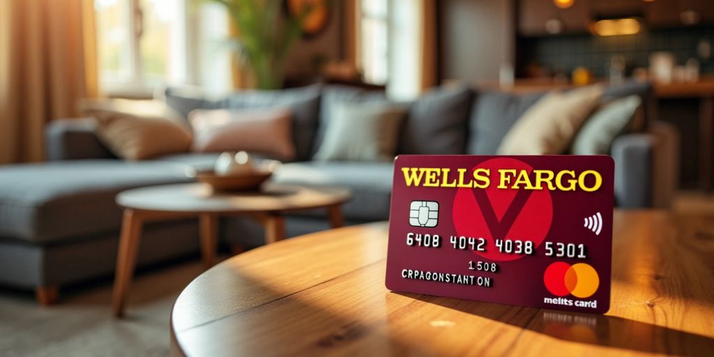 Wells Fargo credit card on a wooden table.