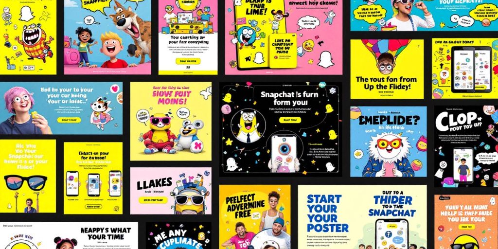 Colorful collage of creative Snapchat ad concepts.