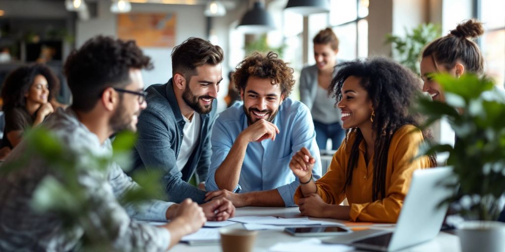 Diverse professionals collaborating in a modern office space.