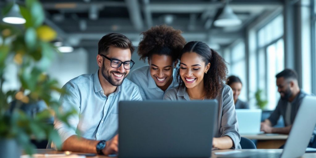 Team collaborating in a modern office environment.