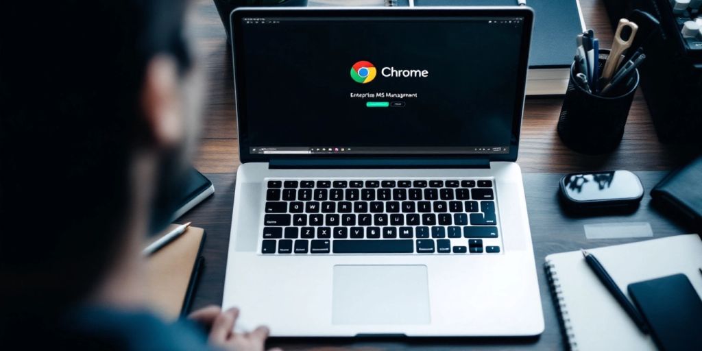 Laptop with Google Chrome in a modern office setting.