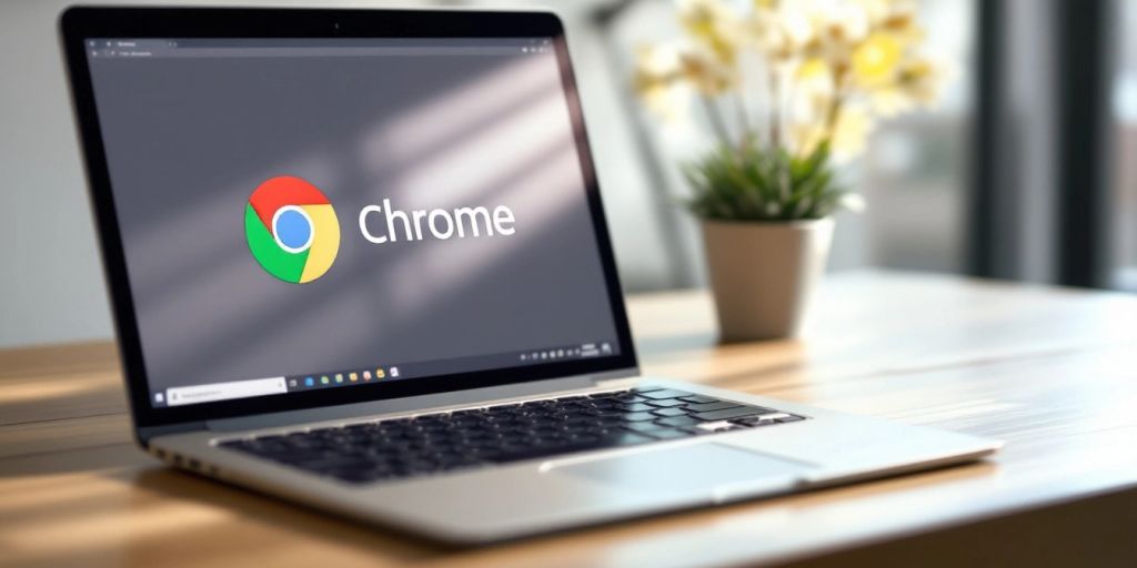 Laptop with Chrome logo on a modern desk.