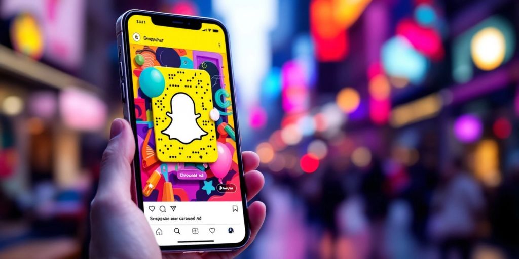 Smartphone with colorful Snapchat carousel ad displayed.