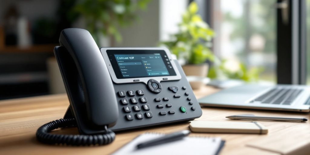 Comcast VoIP phone on a desk in an office.