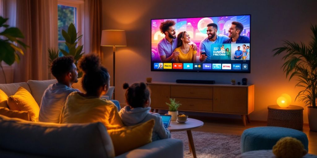 Family enjoying entertainment in a cozy living room.