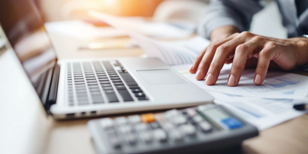 Person using laptop with financial documents and calculator.