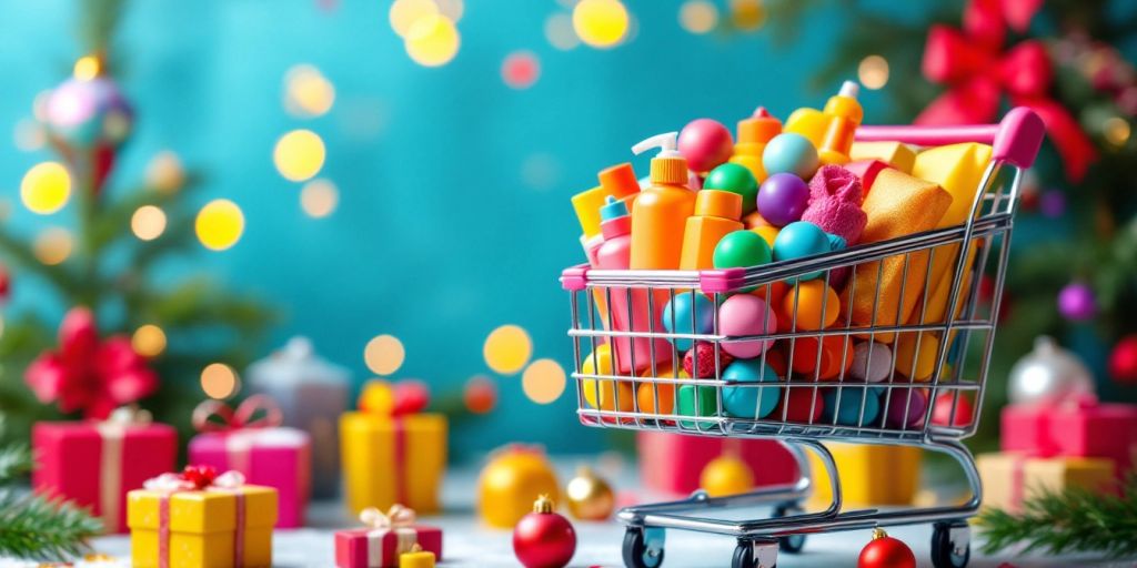 Shopping cart filled with products and festive decorations.