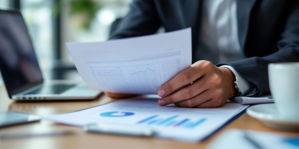 Business professional reviewing documents at a desk.