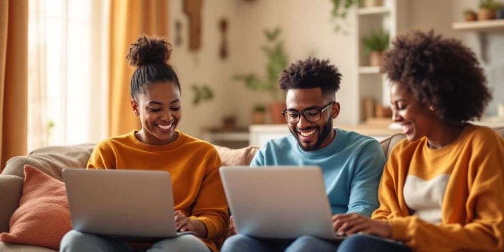 Diverse individuals using laptops at home together.