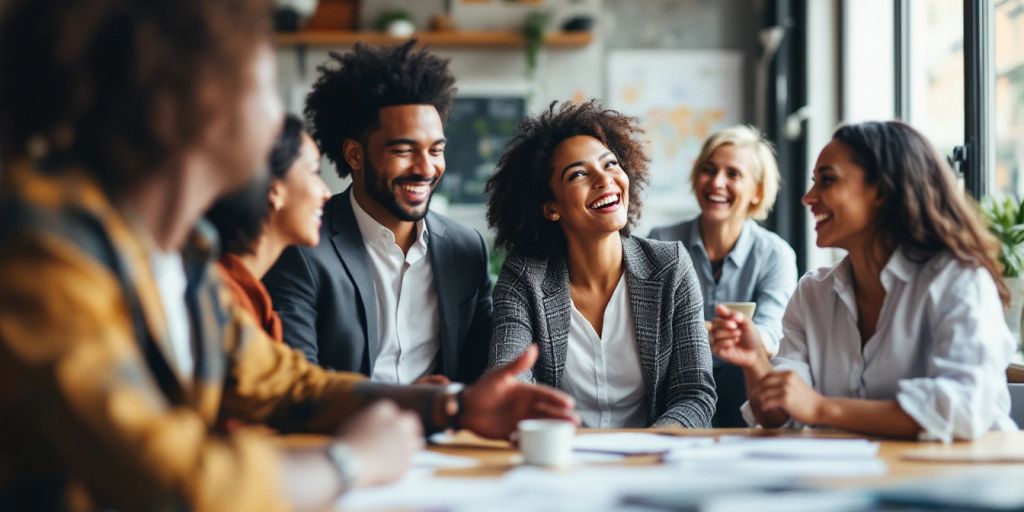 Diverse professionals celebrating a job announcement together.