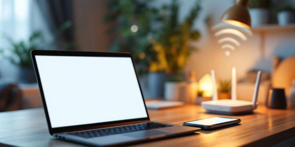 Cozy home workspace with devices and Wi-Fi router.