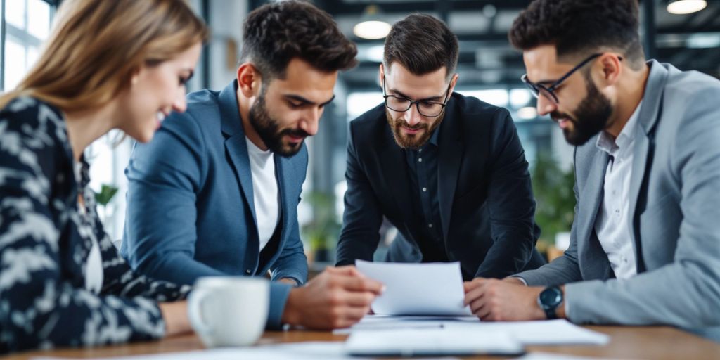 Diverse professionals collaborating in a modern office setting.