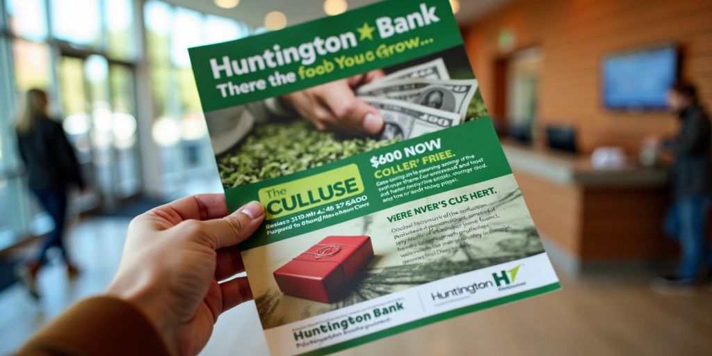 Hand holding Huntington Bank promotional flyer in a bank.