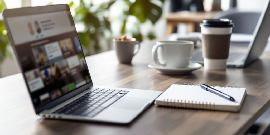 Professional workspace with laptop and coffee cup.