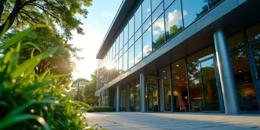 Modern bank building with glass windows and greenery.