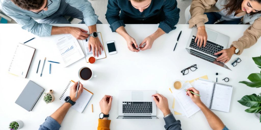 Diverse team collaborating in a professional workspace.