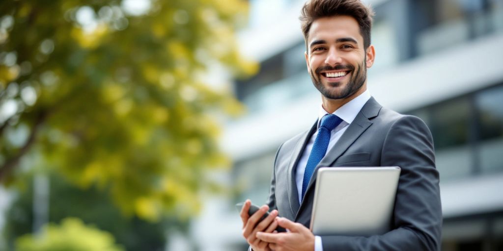 Professional person with laptop in front of office building.