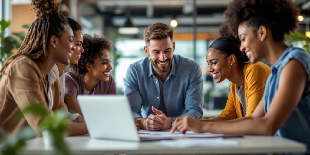 Diverse professionals collaborating in a modern office.